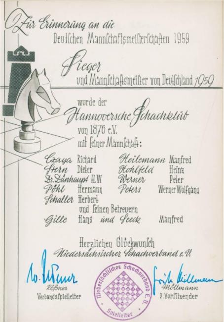 Eine Urkunde für den Hannoverschen Schachklub für den Sieg bei der deutschen Mannschaftsmeisterschaften 1959